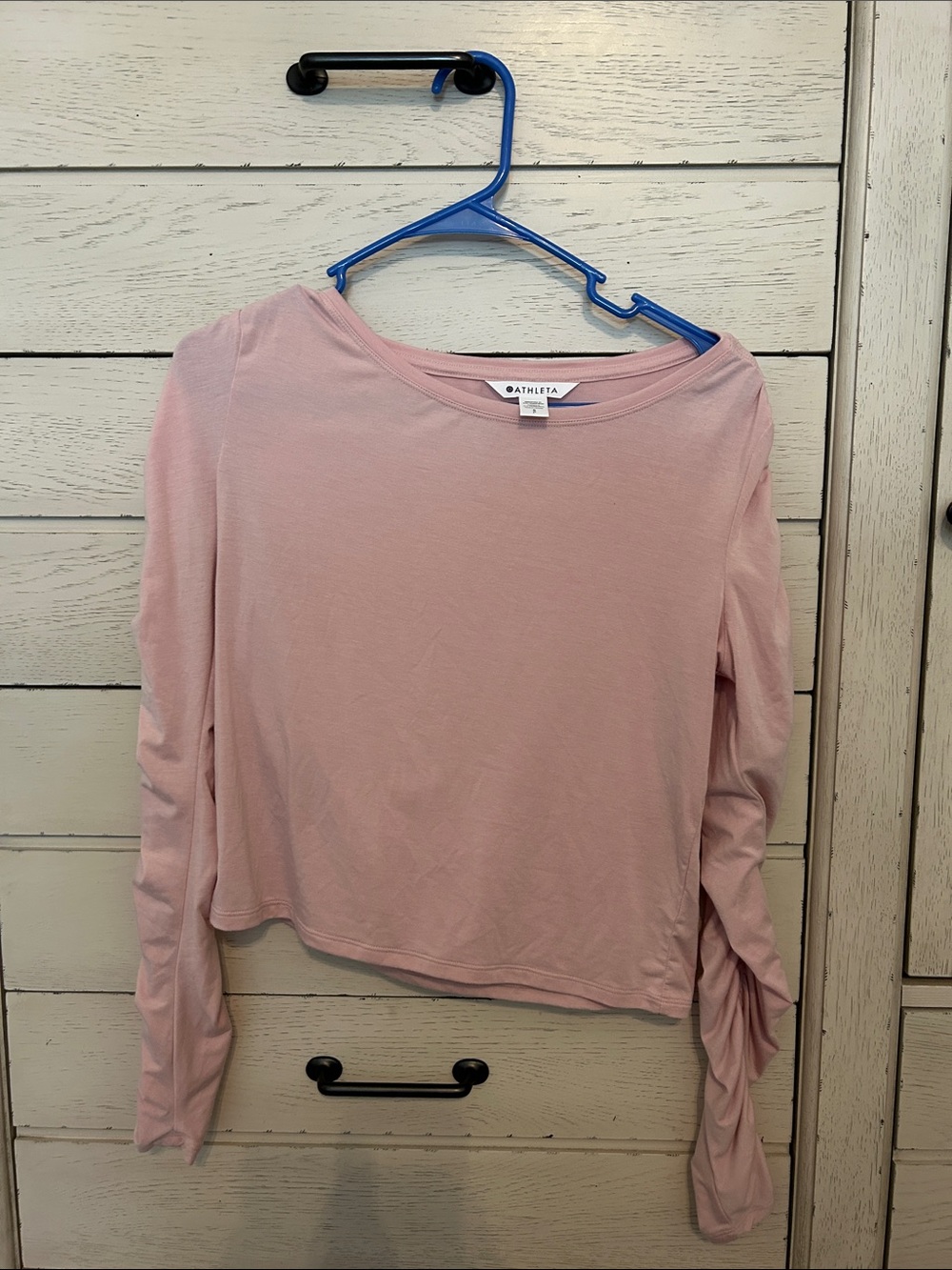 Athleta Small Pale Pink Long-Sleeve Crew Top with ruffle sleeves - Picture 1 of 4